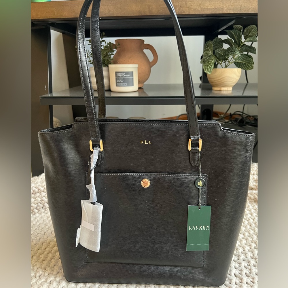 NWT Lauren Ralph Lauren Newbury Modern Pocket Tote Black/Gold